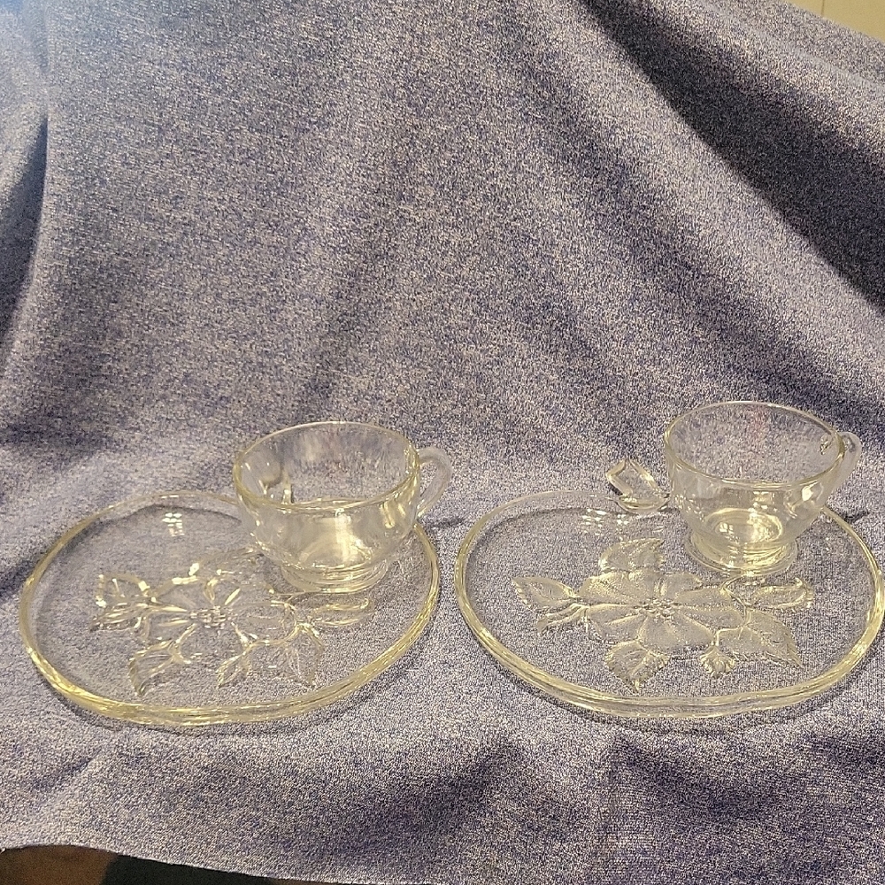 Vintage Hazel-Atlas Glass Snack Set Apple Orchard w/ flower etched in. Set of 2.